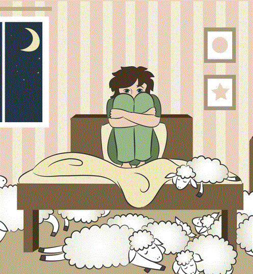 Cartoon of insomniac surrounded by sleeping sheep