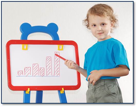 Young boy with data whiteboard