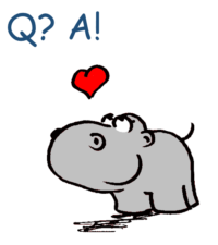 Cartoon image of hippo with a heart and the text "Q? A!"