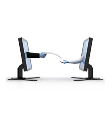 Graphic: 2 computer monitors with cartoon arms reaching across to share a document