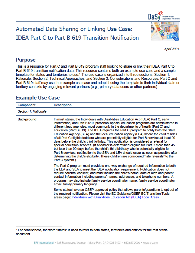 Thumbnail of Automated Data Sharing or Linking Use Case: IDEA Part C to Part B 619 Transition Notification