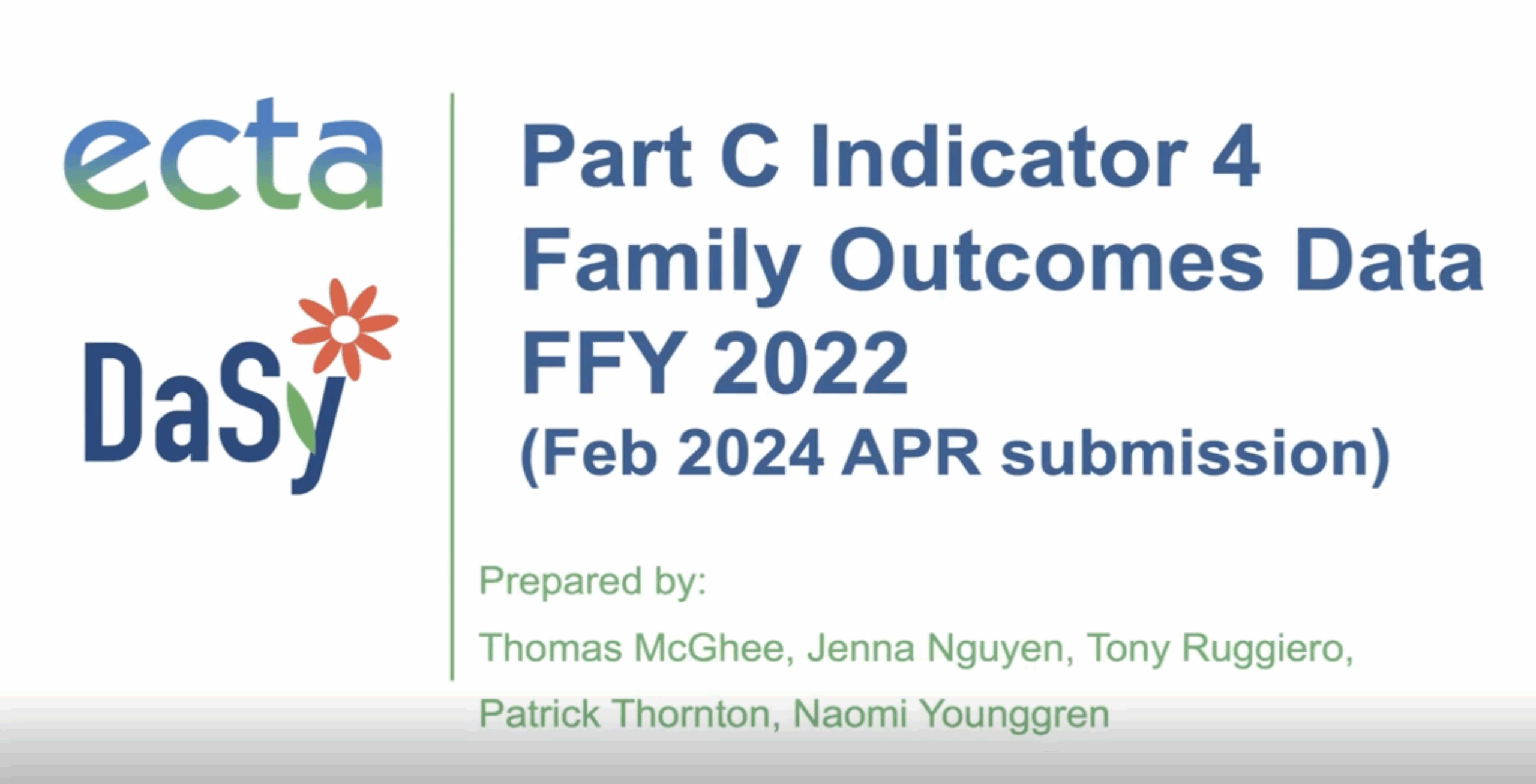 Screenshot of webinar cover: Part C Indicator 4: Family Outcomes Data FFY 2022